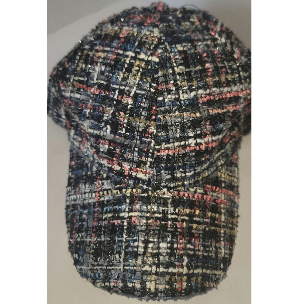 Woven Tweed Baseball Cap Black Multicolor Plaid Sparkle Adjustable Sun Protect